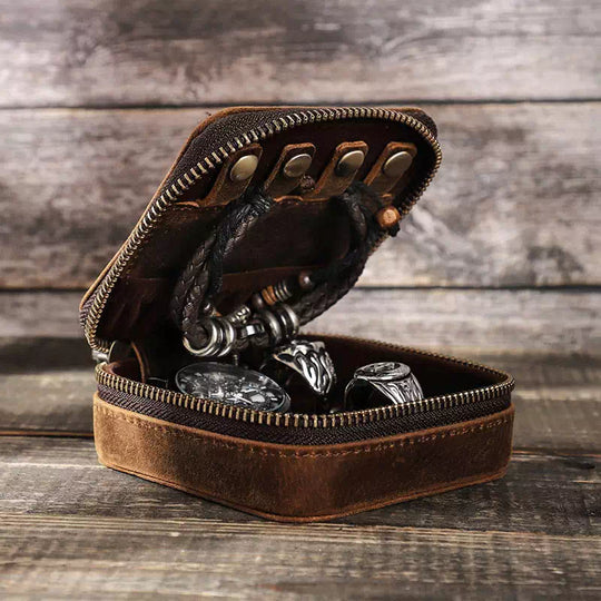 Portable small leather jewelry travel case
