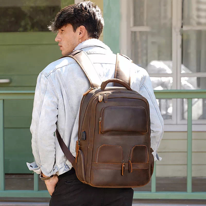 Large-sized Crazy Horse leather travel backpack for men