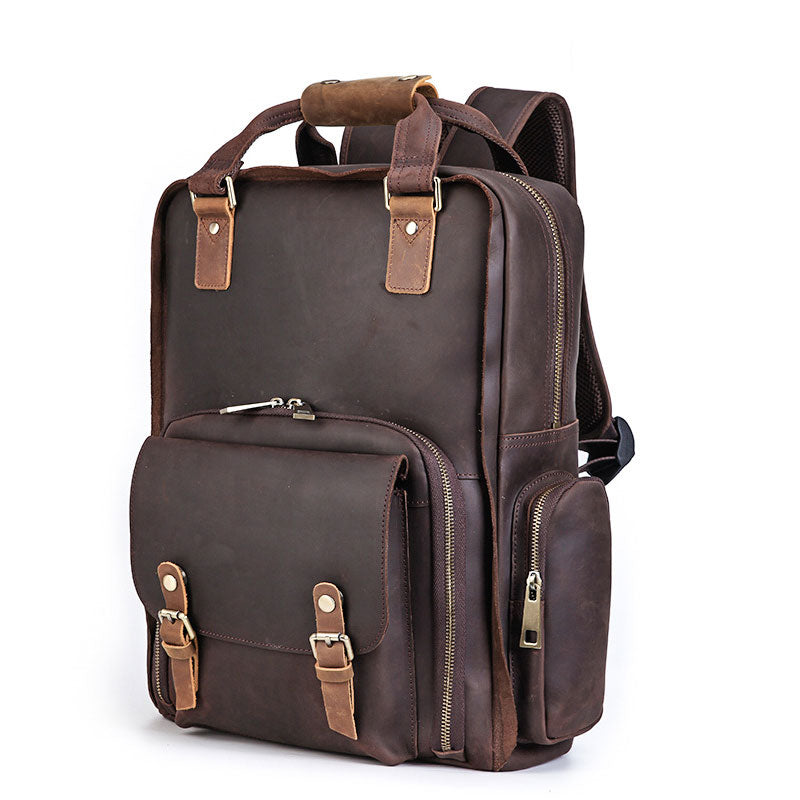 Men's rugged leather DSLR camera backpack