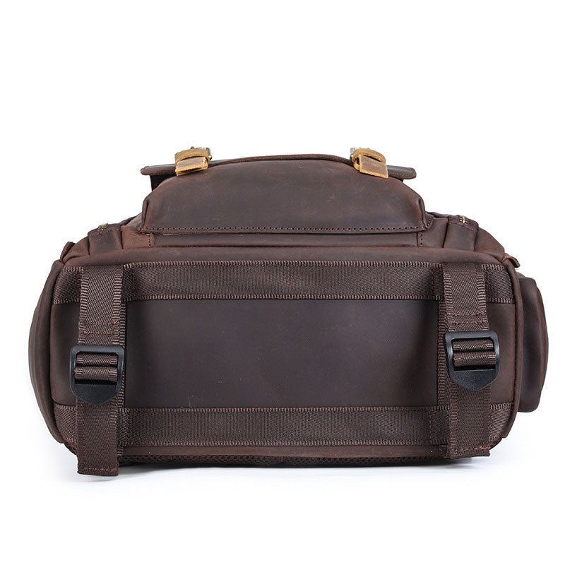 Rugged leather camera and lens carry backpack for men