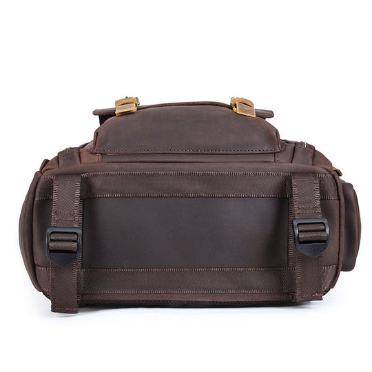 Rugged leather camera and lens carry backpack for men
