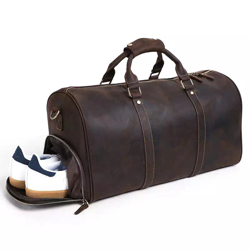 Dark brown men's Crazy Horse leather weekend bag