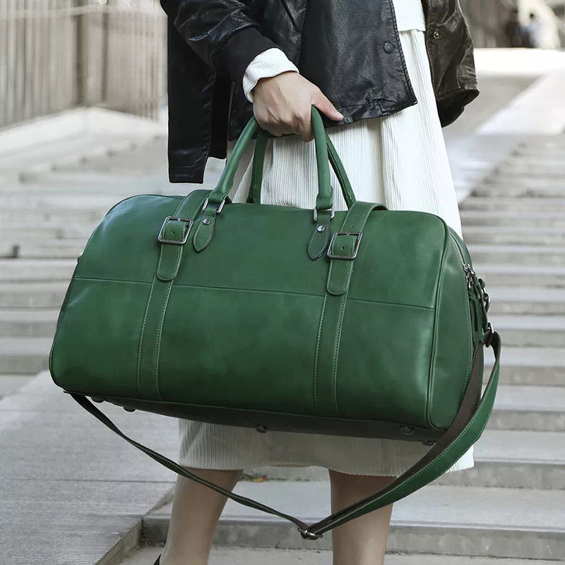 Designer vegetable-tanned leather travel duffle