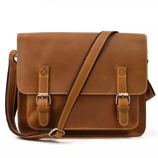 Men's rustic brown leather messenger bag in crazy horse style