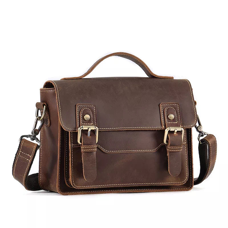 Vintage-style small leather satchel for men with shoulder strap