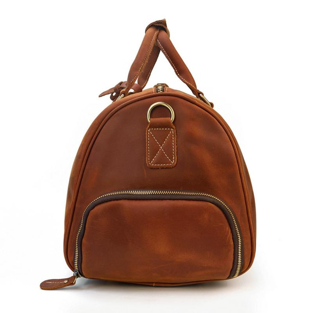 Versatile men's brown leather crossbody travel duffle
