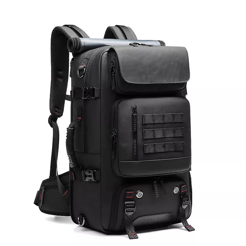 Black travel backpack with expandable feature and charging port