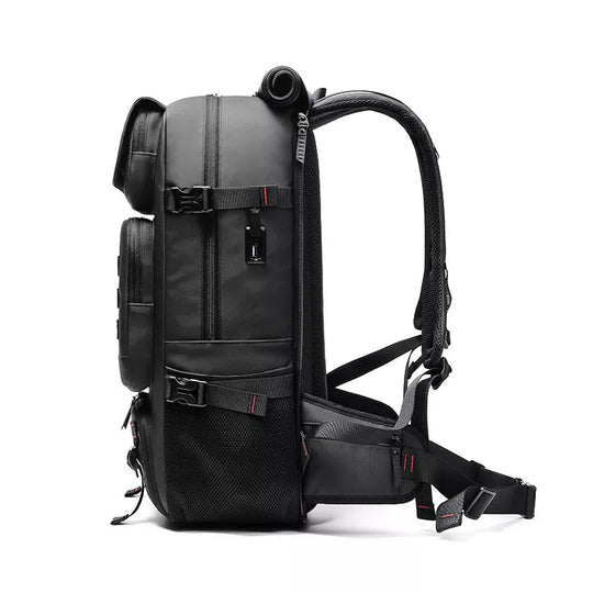 Black expandable backpack for tech enthusiasts with charging