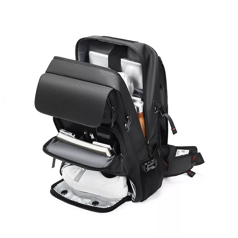 Black backpack with expandable design and charging capability
