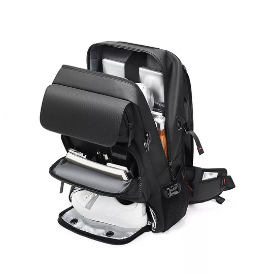 Black backpack with expandable design and charging capability