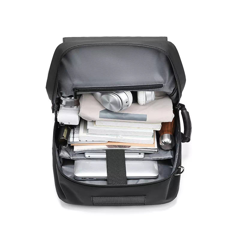 Expandable backpack with USB charging port in black