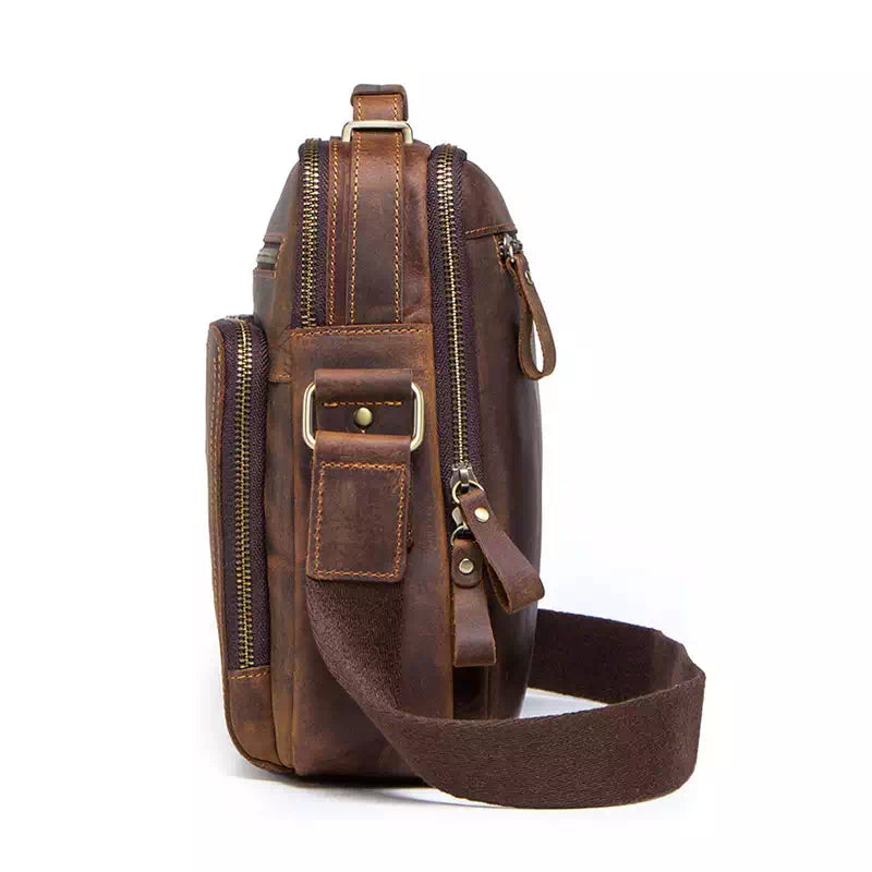 Crazy Horse leather men's crossbody bag in brown hue
