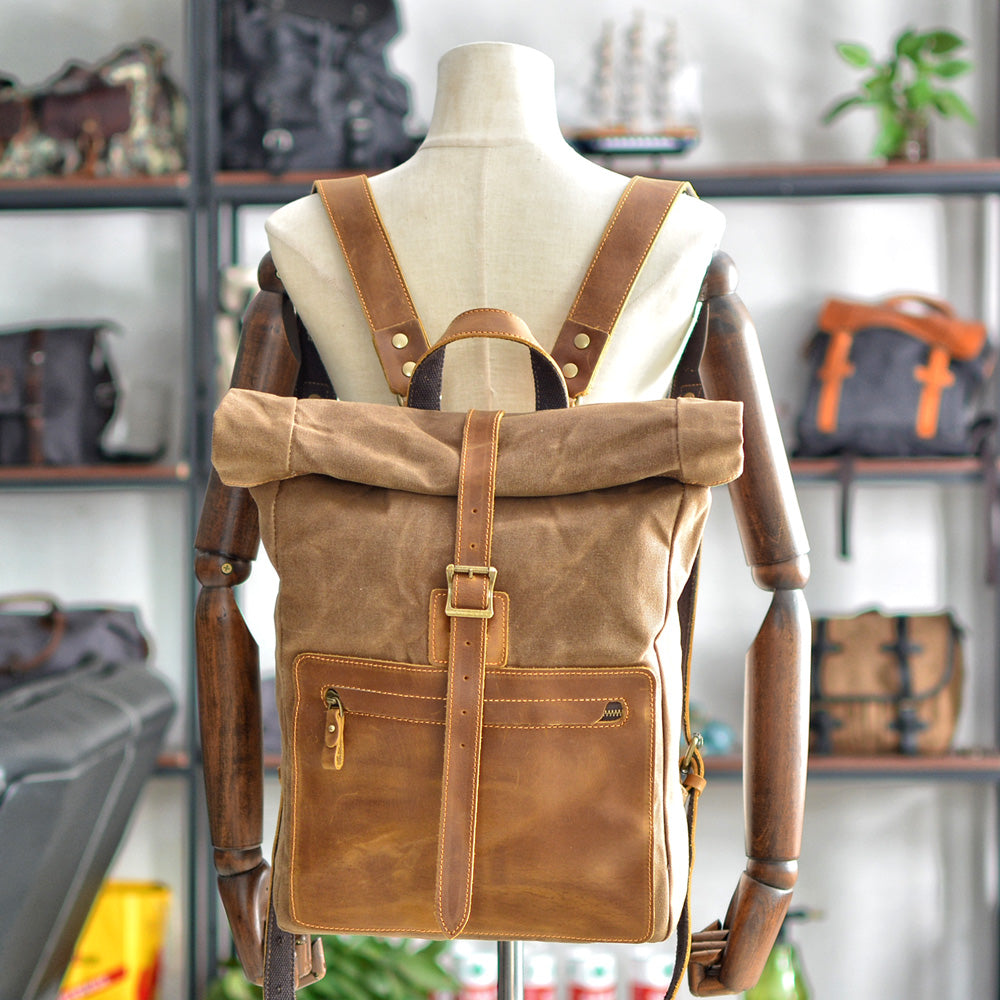Elegant Waxed Canvas Rucksack for Commuting and Exploration - Leather Purse Backpack