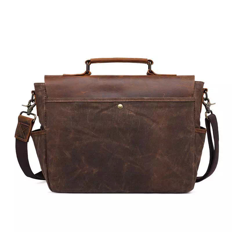 Fashionable men's dark brown waxed canvas shoulder bag
