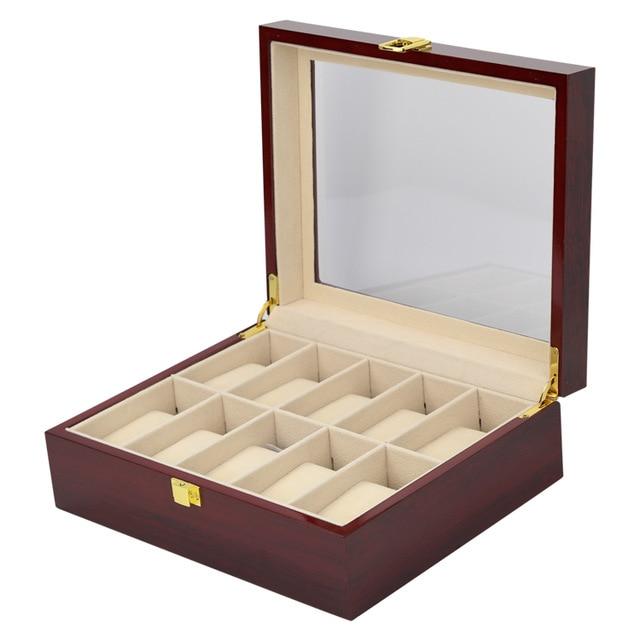 Brown Multi-Grid Luxury Wooden Watch Box Organizer - Leather Purse Backpack