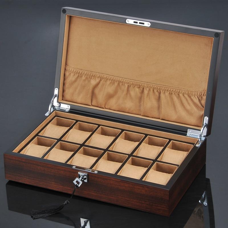 12 Slots Luxury Wooden Watch and Jewelry Organizer With Lock - Leather Purse Backpack
