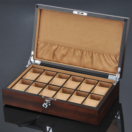 12 Slots Luxury Wooden Watch and Jewelry Organizer With Lock - Leather Purse Backpack