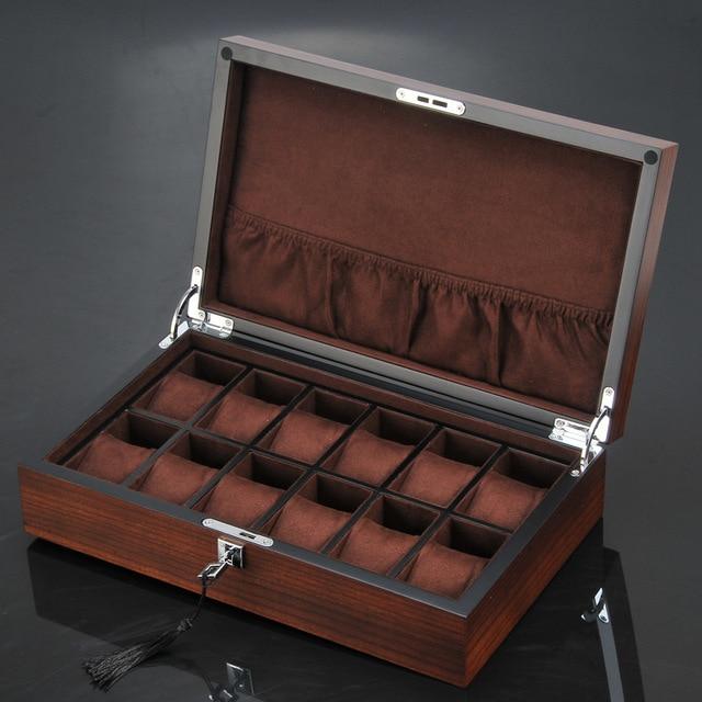 12 Slots Luxury Wooden Watch and Jewelry Organizer With Lock - Leather Purse Backpack