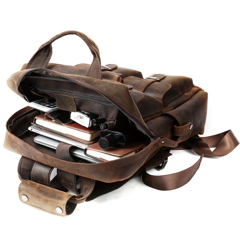 Men's brown genuine leather travel backpack with 15.6 inch laptop compartment 20-35L