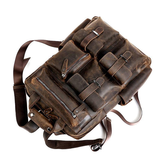 Vintage-inspired brown genuine leather 15.6 inch laptop travel backpack 20 to 35 liters