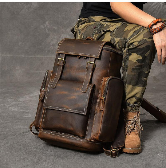 Retro brown leather hiking travel backpack 36-55 liters