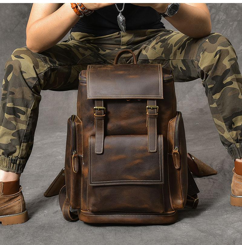 Classic brown leather trekking travel backpack for men 36-55L