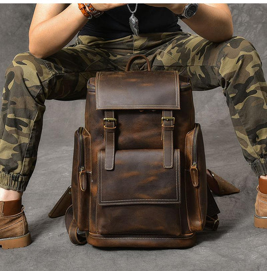 Classic brown leather trekking travel backpack for men 36-55L