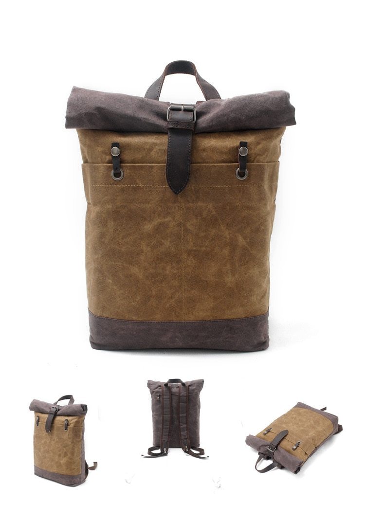 Retro waterproof canvas leather daypack travel backpack 20 liters