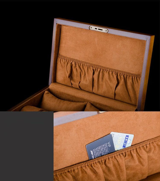 Brown European Wood Watch Storage Box With Lock - Leather Purse Backpack