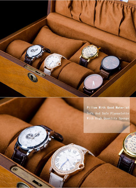 Brown European Wood Watch Storage Box With Lock - Leather Purse Backpack
