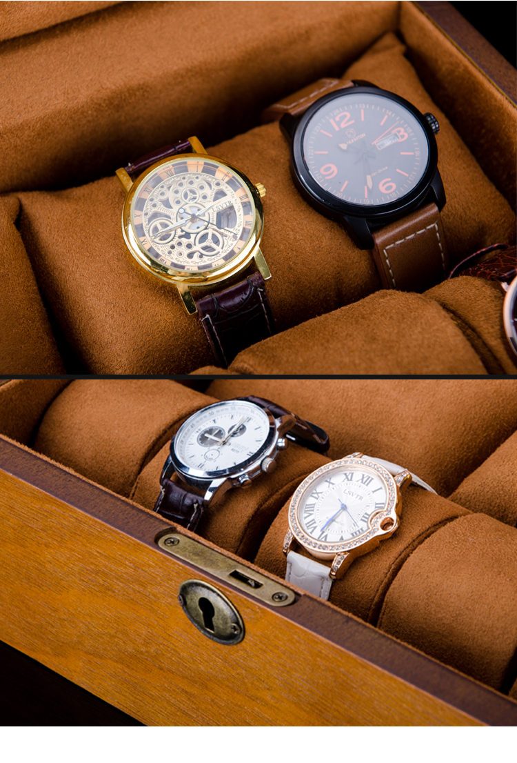 Brown European Wood Watch Storage Box With Lock - Leather Purse Backpack