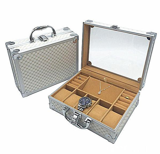 Luxury Silver Aluminum Watch and Jewelry Storage Suitcase - Leather Purse Backpack