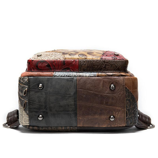 Floral embossed genuine leather backpack with patchwork pattern
