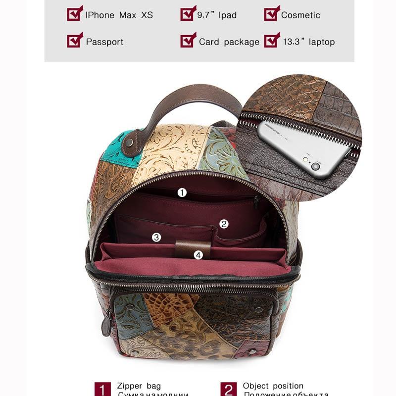 Trekking backpack in genuine leather with embossed floral details and patchwork