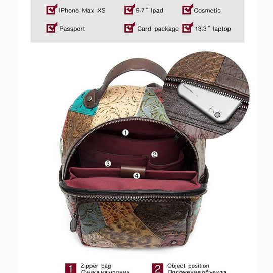 Trekking backpack in genuine leather with embossed floral details and patchwork