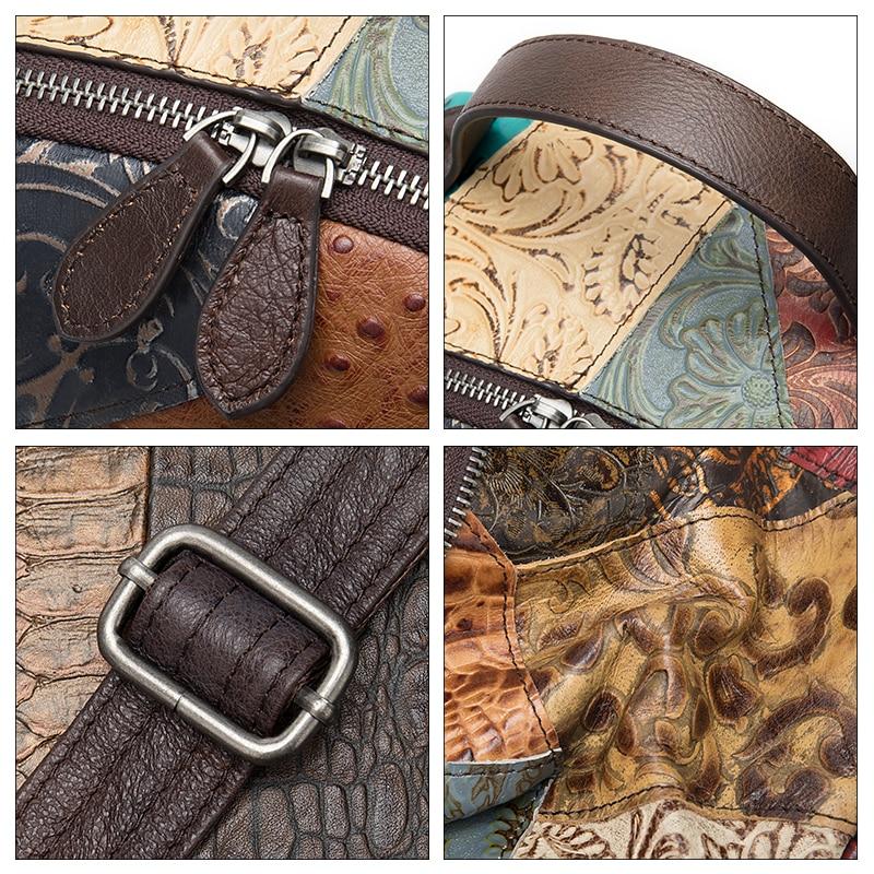 Genuine leather hiking backpack with embossed floral pattern and patchwork design