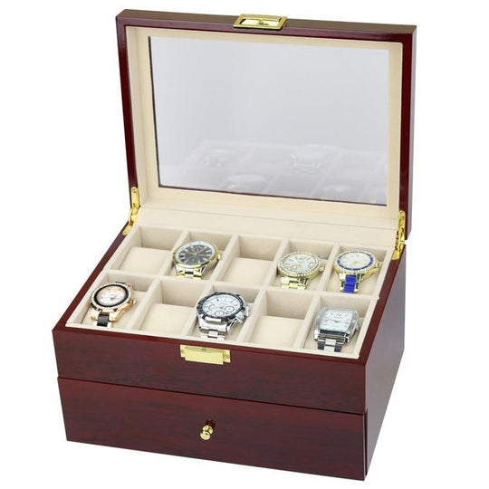 Dark Brown Wood Finish Watch Case Display 2 Layer Storage - Leather Purse Backpack