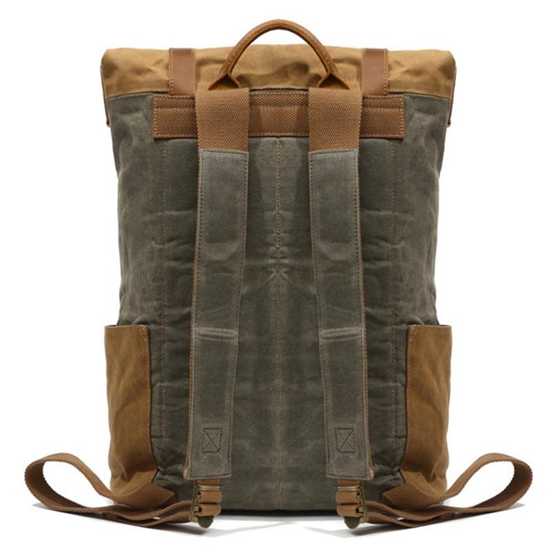 Men's brown/green canvas waxed leather backpack 20 liters