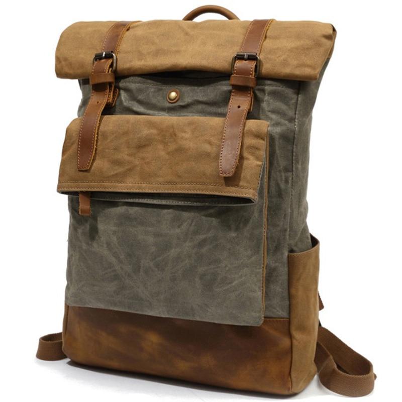 Canvas waxed leather hiking backpack in brown/green 20 liters