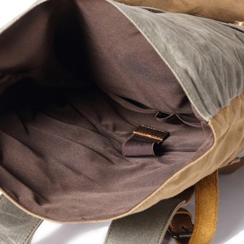 Brown and green trekking backpack with waxed canvas and leather 20L
