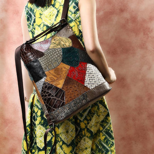 Convertible trekking backpack and sling bag in bohemian style flowers leather