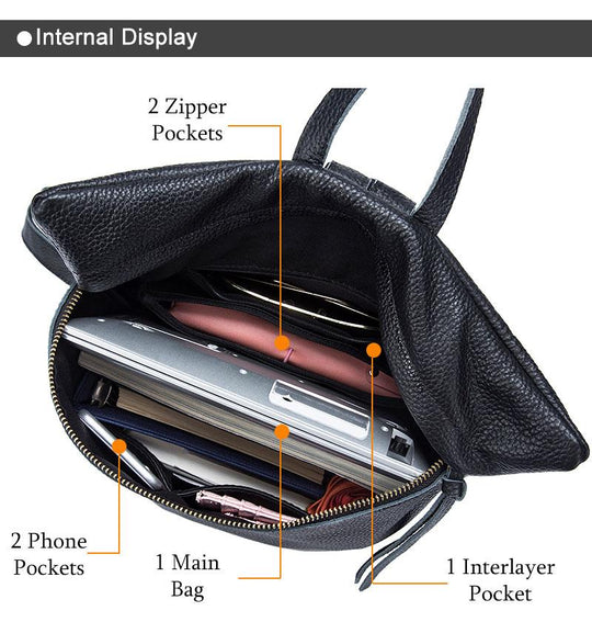 Large genuine leather backpack with simple design in black, apricot, and brown