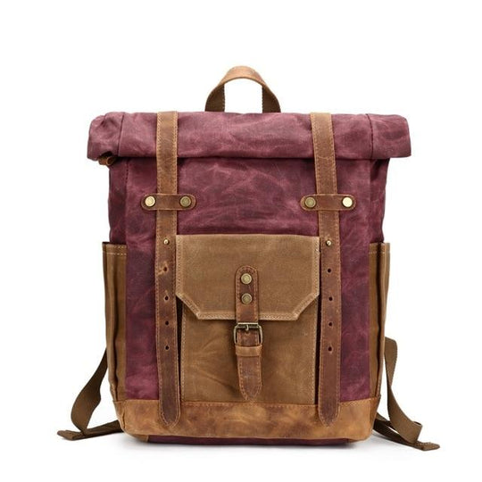 Waterproof canvas leather daypack for 14-inch laptop with large capacity