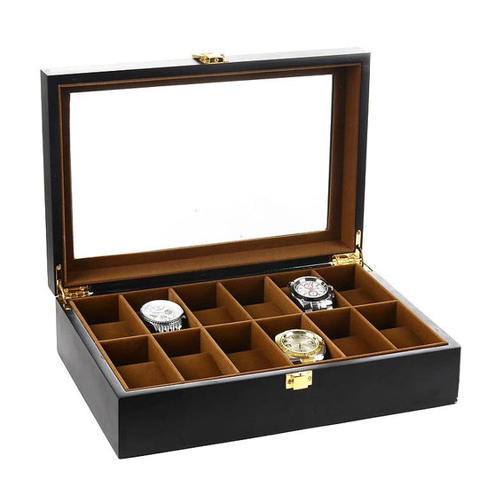 Black Wooden Watch Box Jewelry and Watch Organizer 10 Grids - Leather Purse Backpack