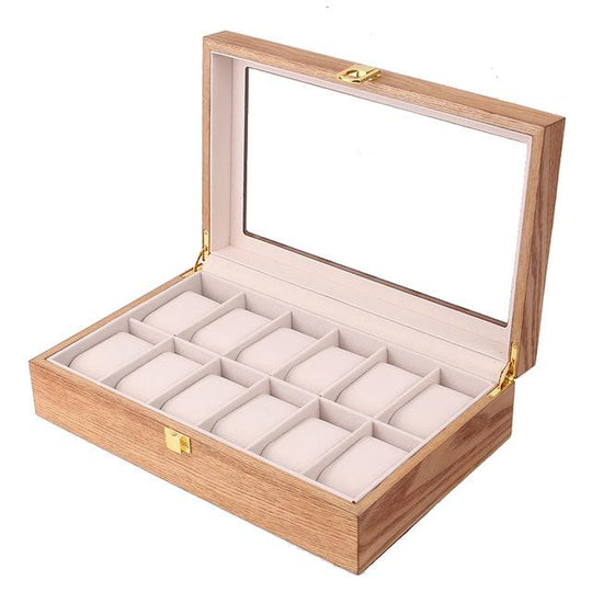 Brown Luxury 12 Grids Solid Wood Watch Storage Box - Leather Purse Backpack