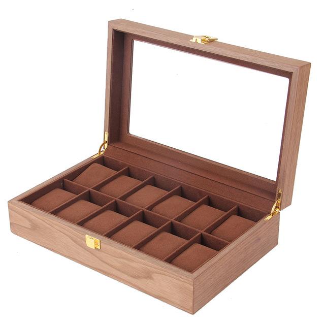 Brown Luxury 12 Grids Solid Wood Watch Storage Box - Leather Purse Backpack