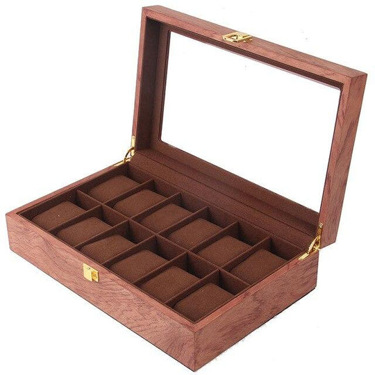 Brown Luxury 12 Grids Solid Wood Watch Storage Box - Leather Purse Backpack
