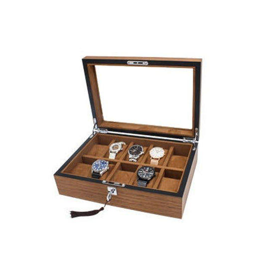 Brown and Black Handmade Wood Watch Storage Box with Key Locker - Leather Purse Backpack