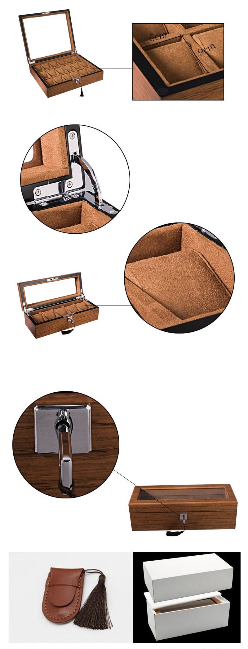 Brown and Black Handmade Wood Watch Storage Box with Key Locker - Leather Purse Backpack