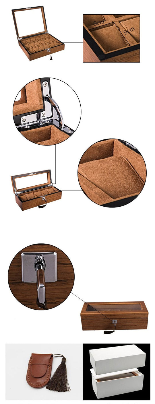 Brown and Black Handmade Wood Watch Storage Box with Key Locker - Leather Purse Backpack